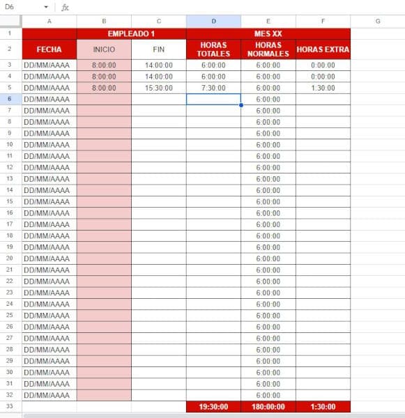 plantilla control horario trabajadores